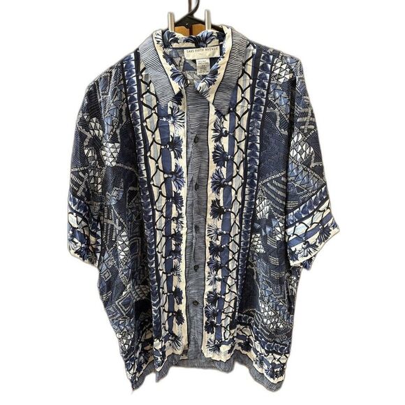 Saks Fifth Avenue Men Short Sleeve Button Shirt  2X Blue Tassel Print Silk - Picture 14 of 14